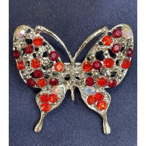 NWOT Butterfly Brooch Pin Red Rhinestone AB Crystal Silver Toned Lapel Pin